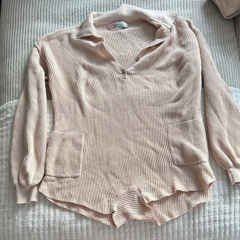 Free People Cream Ribbed V-Neck Polo Sweater